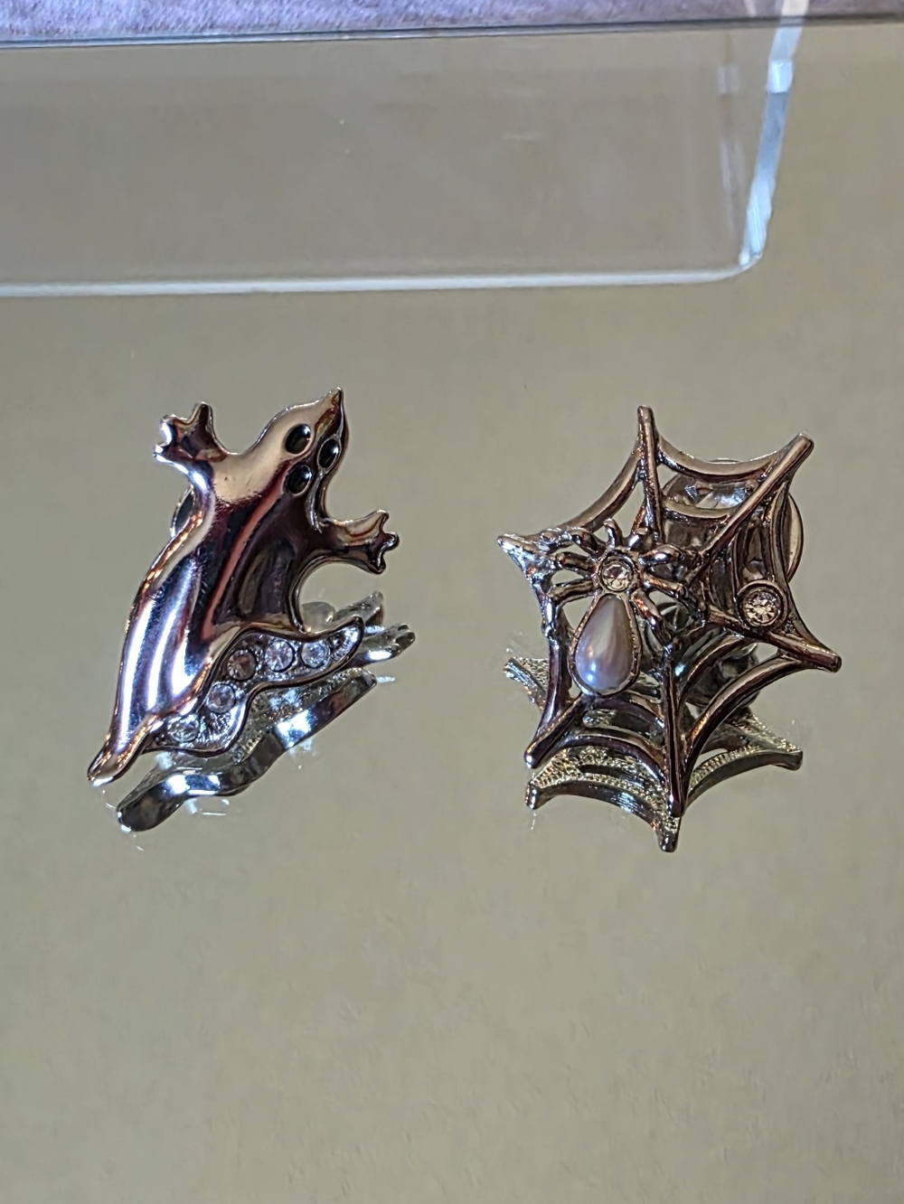Silver-Tone Spider Web & Ghost Brooch Set with Rhinestones